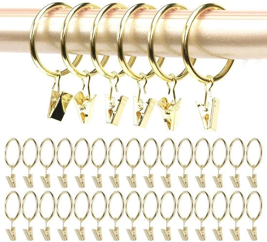 Anelli per tende con ganci - 30 pezzi - oro - 32 mm
