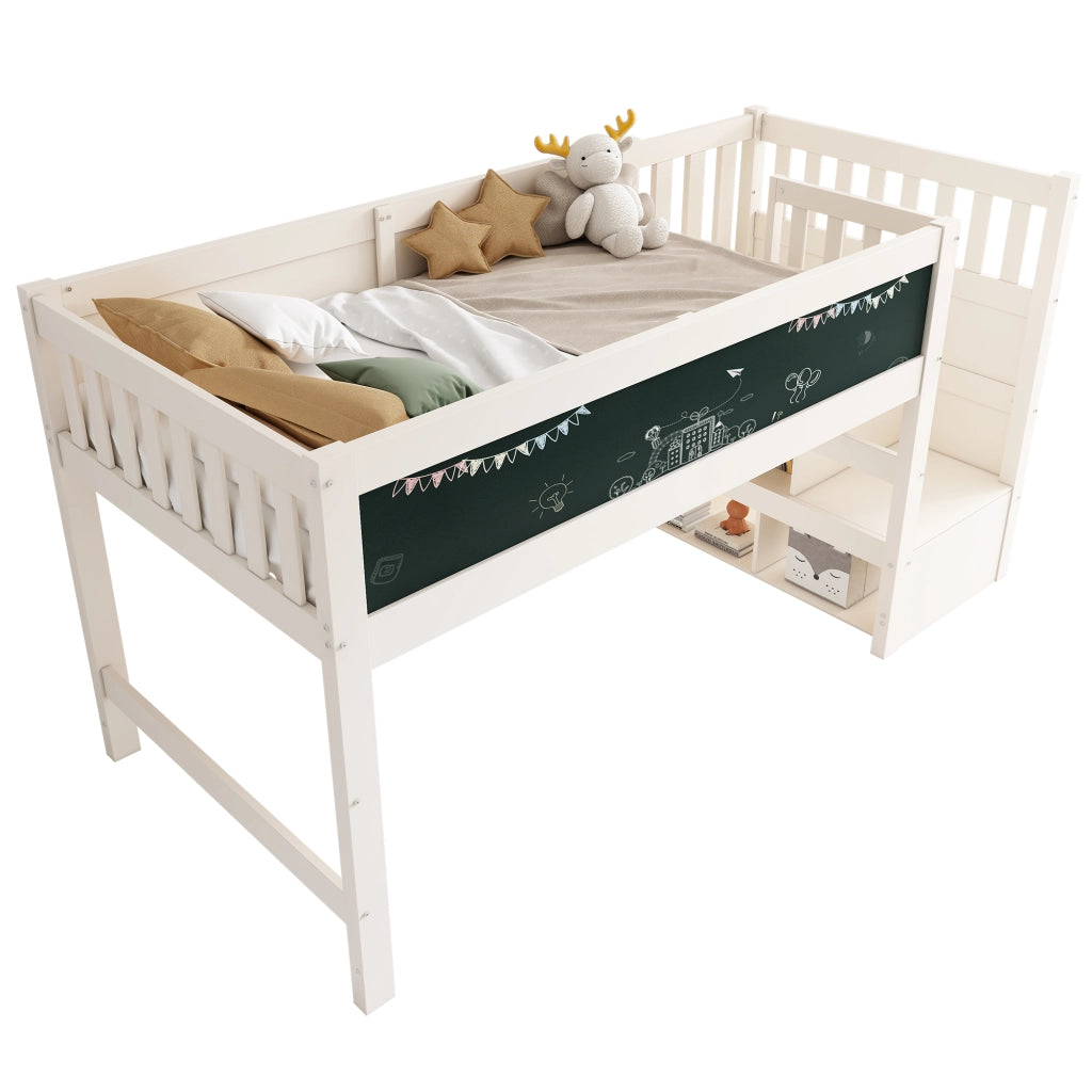 Letto a Soppalco 90 x 200 cm; Letto per Bambini - Scala con Contenitore e Lavagna - Bianco