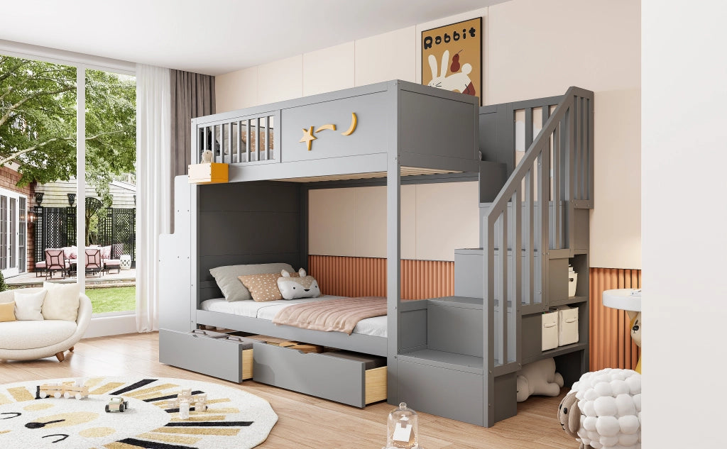DESMIU Letto a castello bambino 90 × 200 cm 2 posti con cassetti, scala, scrivania e vano, senza materasso, grigio