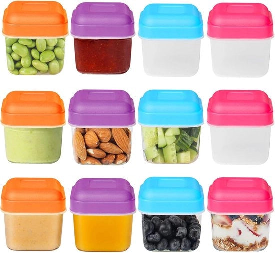 Set di 12 Scatole di Stoccaggio con Coperchio - 100 ml - Plastica - BPA Libero - Scatole di Ricarica Mini - Resistenti al Microonde - Per Alimenti