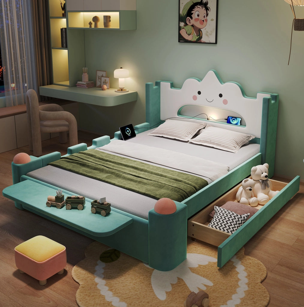 Letto per bambini 140x200 cm con lampada da lettura; USB; contenitore e ripiano in velluto bluverde