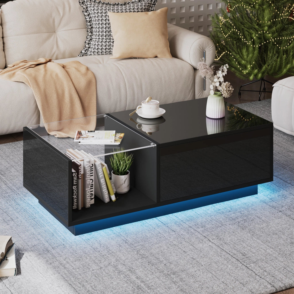 Tavolino basso sollevabile con 2 cassetti e vano nascosto LED finitura lucida moderna in legno ingegnerizzato nero