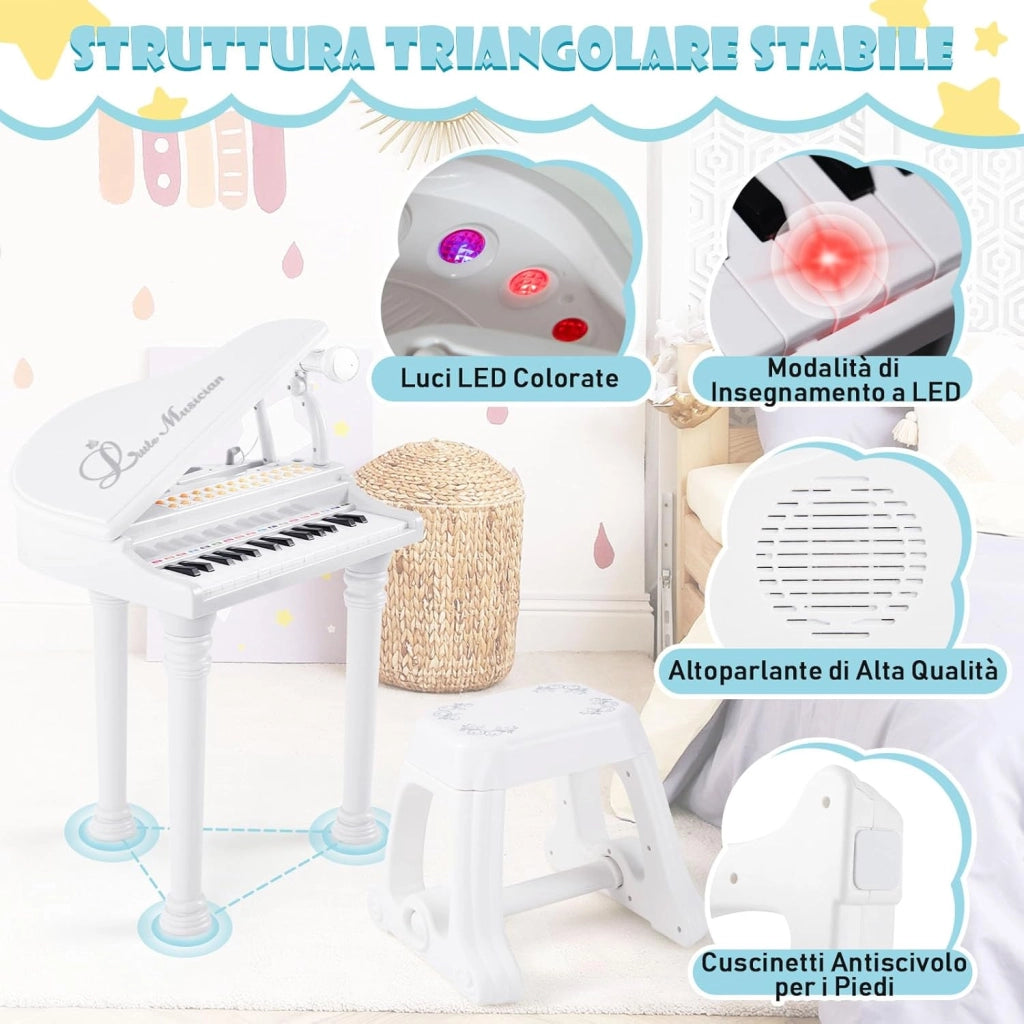 Tastiera Pianoforte a 31 Tasti per Bambini con Microfono e Sgabello, Tasti Giocattolo Portatile con Modalità di Insegnamento a LED, Pianoforte a Coda per Bambini 3+ Anni (Bianco)