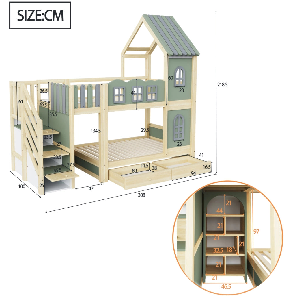 Letto a castello a casetta 90x200 cm con scala contenitore e cassetti