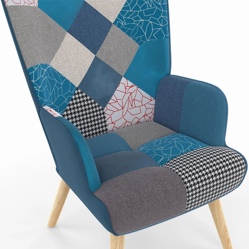 IVAR Poltrona scandinava con poggiapiedi in tessuto patchwork e velluto blu