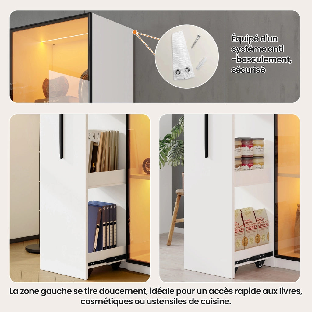Libreria Vetrina con 1 Porta in Vetro; 1 Scaffale Estraibile; LED; per Soggiorno Sala da Pranzo; MDF; Bianco; 70 × 40 × 160 cm