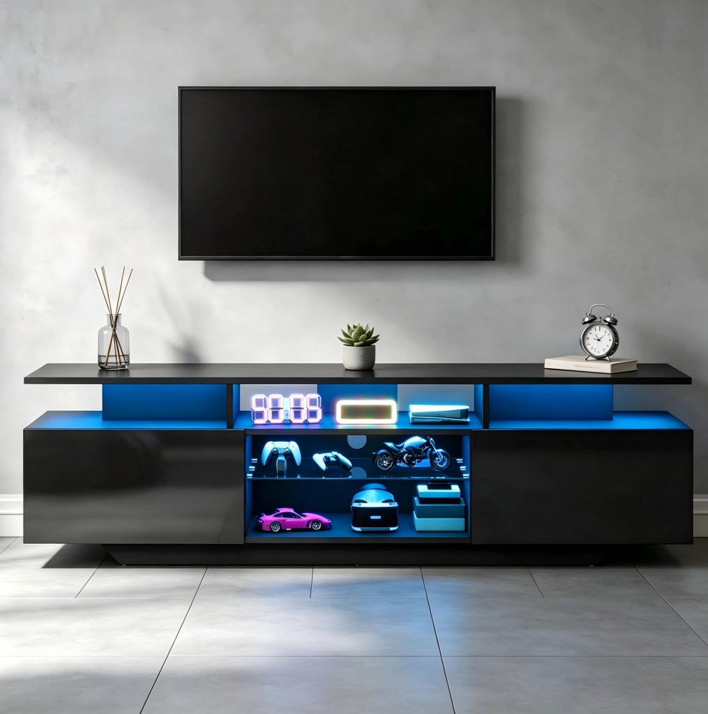 Mobile TV moderno con LED, 2 vani e 8 ripiani, nero