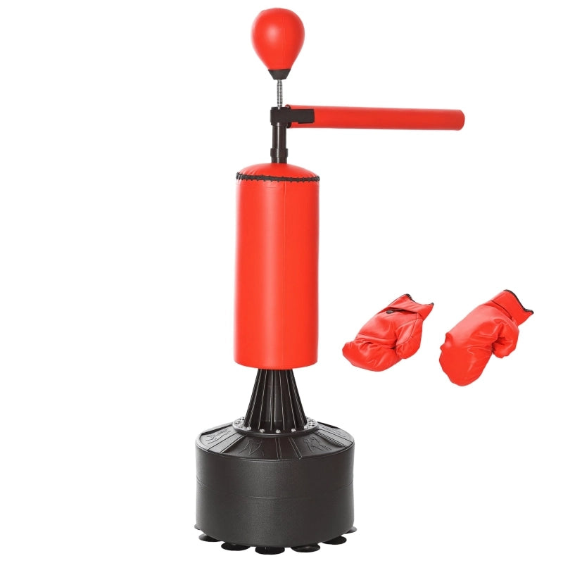 Sacco da Boxe da Terra con Palla a Riflesso, Asta Girevole 360°, Ventosa, Guanti e Pompa. Riempibile con Sabbia/Acqua, 88x48x155-205 cm