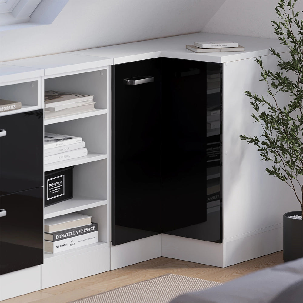 Mobile cucina angolare per sottotetto R-Line Nero lucido/Bianco 75.6 cm con 1 porta, carcassa dell’armadio profondità 60 cm Vicco