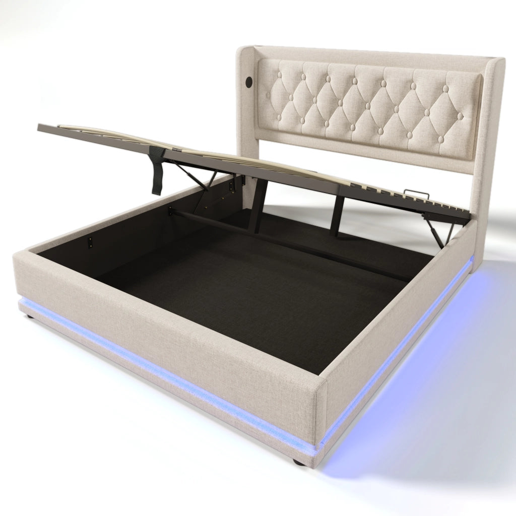 Letti contenitori 140x200 cm con contenitore; USB Type-C e LED; cotone beige (Senza materasso)