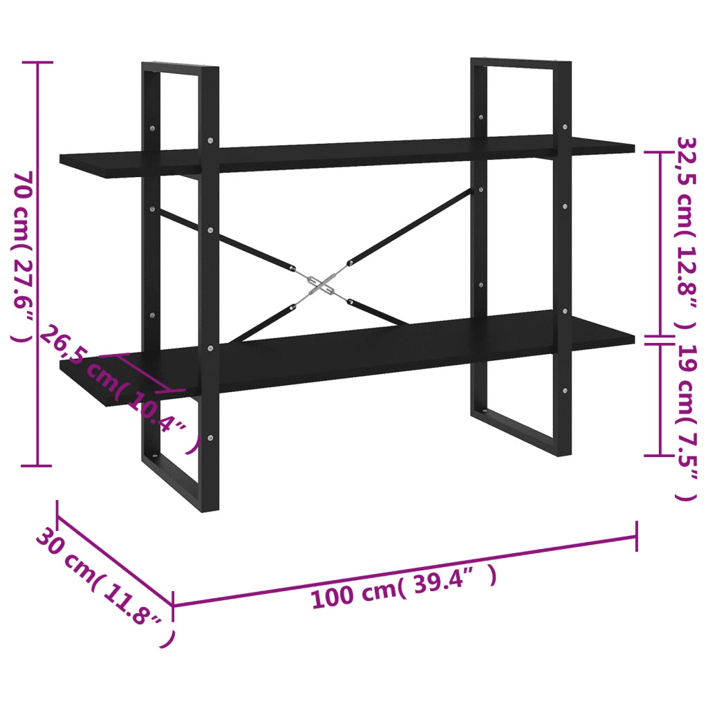 Libreria a 2 Ripiani Nera 100x30x70 cm in Legno Multistrato 806468