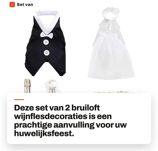 Decorazione per bottiglia di vino 2 pezzi - Decorazione da tavola per matrimoni - Regali di nozze - Cappelli per bottiglie di vino - Polyester/Tule - Inclusi 12 adesivi - Decorazioni per bottiglie di vino