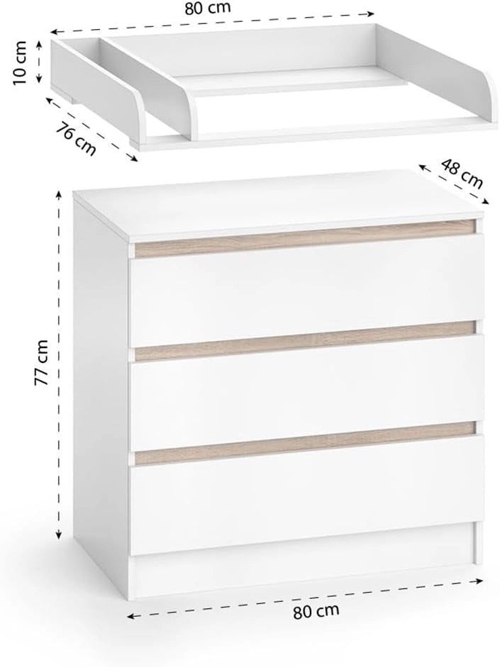 Fasciatoio Emma, Bianco/Sonoma, 80 x 87 cm, convertibile in comò senza fasciatoio