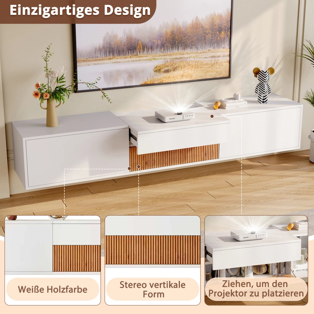 Mobile TV moderno 180 cm bianco con ripiano estraibile per proiettore