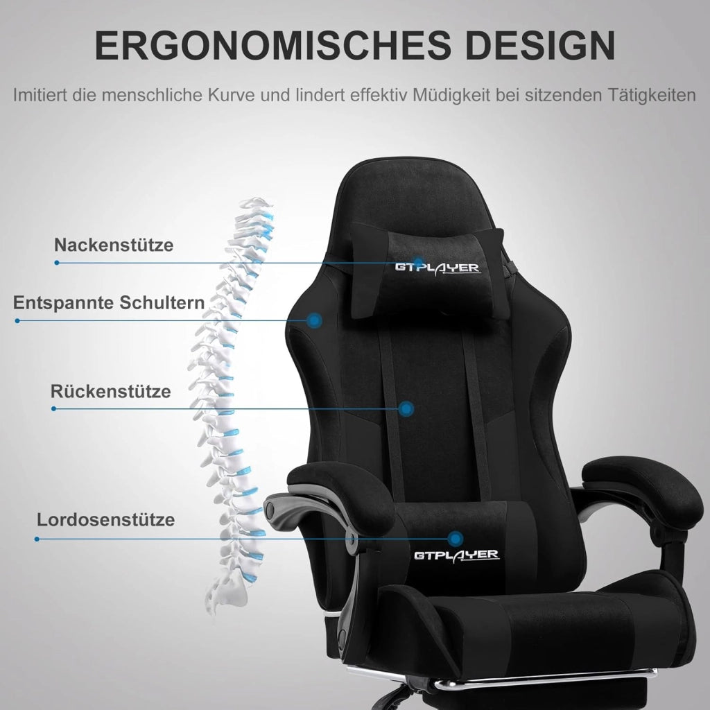 Sedia da ufficio da gaming, in tessuto, ergonomica, con poggiapiedi, poggiatesta lombare, imbottita, sedia girevole