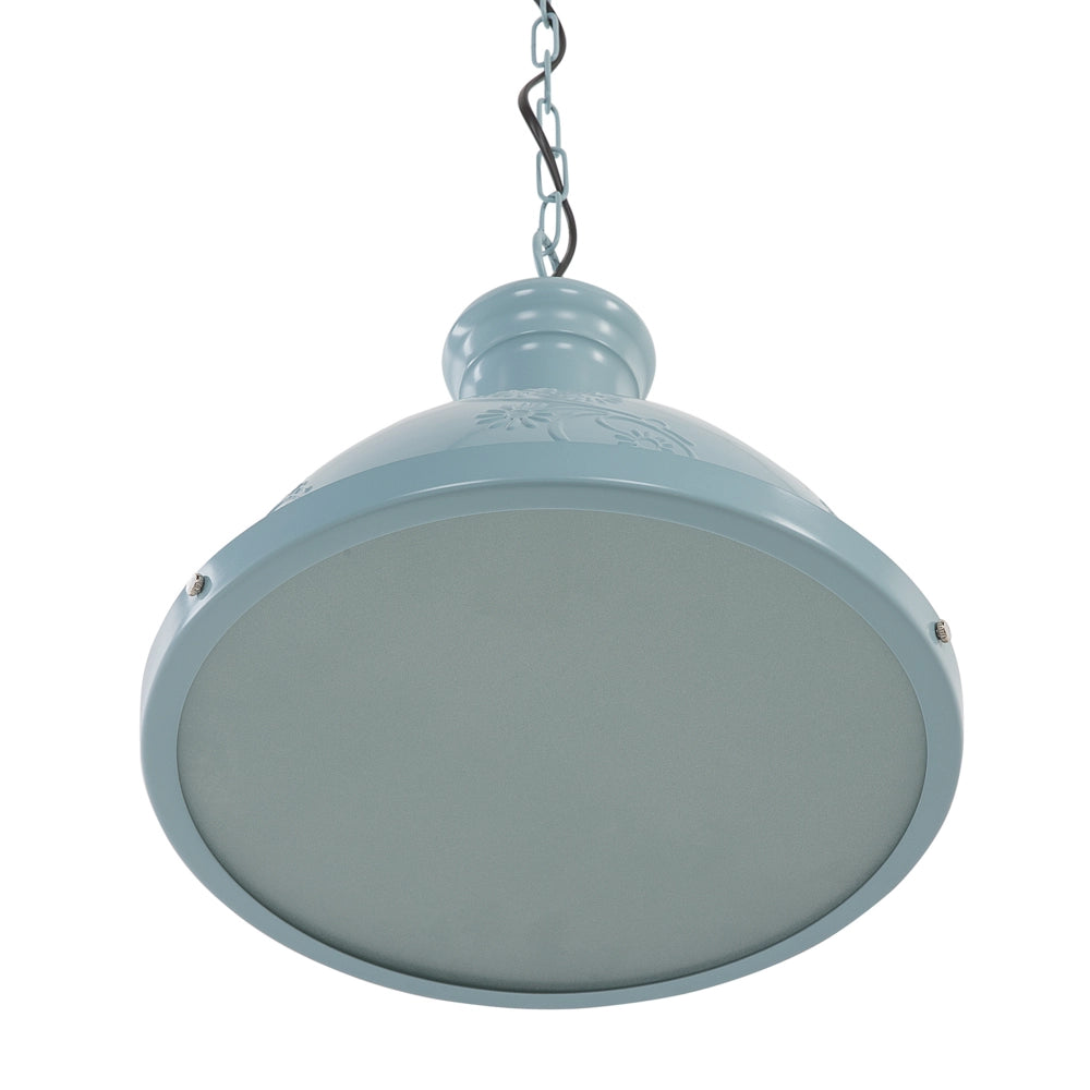 Lampada a sospensione in metallo blu di forma rotonda con ornamenti floreali industriali