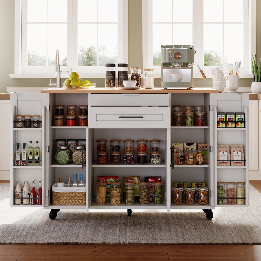 Carrello da Cucina con 4 Ante; 2 Cassetti; Ripiani Regolabili; Portasciugamani e Portaspezie; in MDF; Bianco e Naturale; 136 x 70 x 92 cm