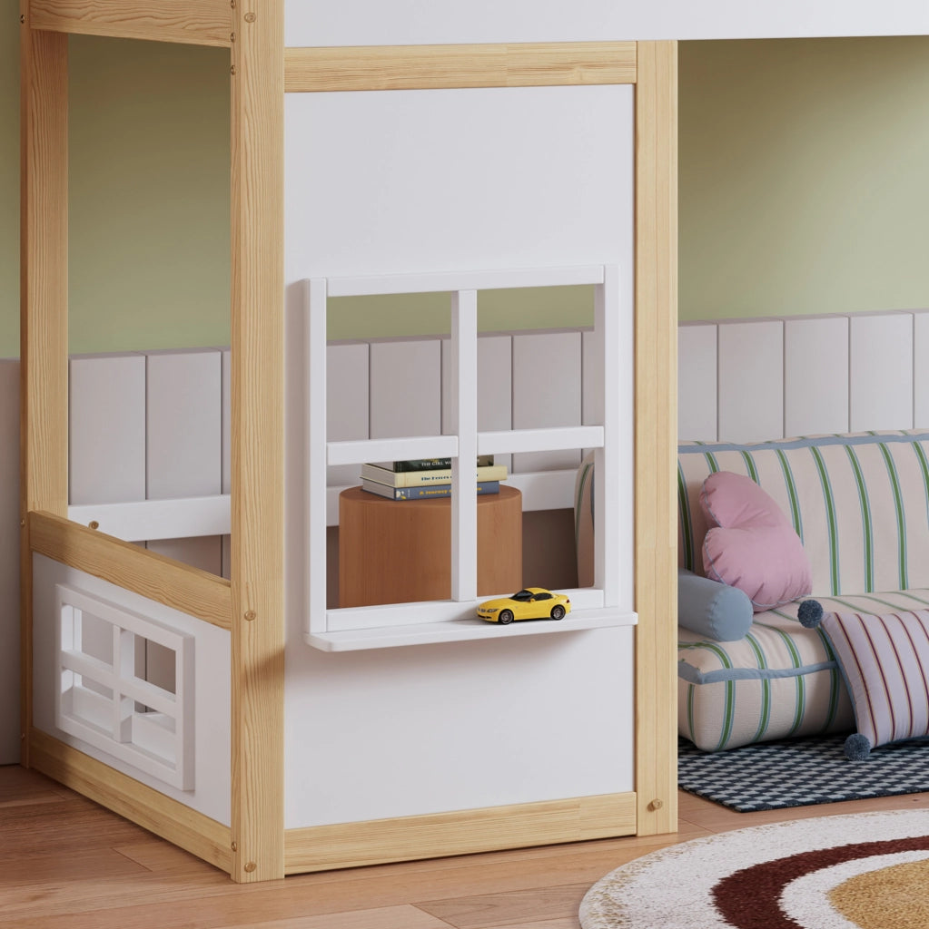 Letto a castello casa 90x200 cm bianco naturale con scala e protezioni