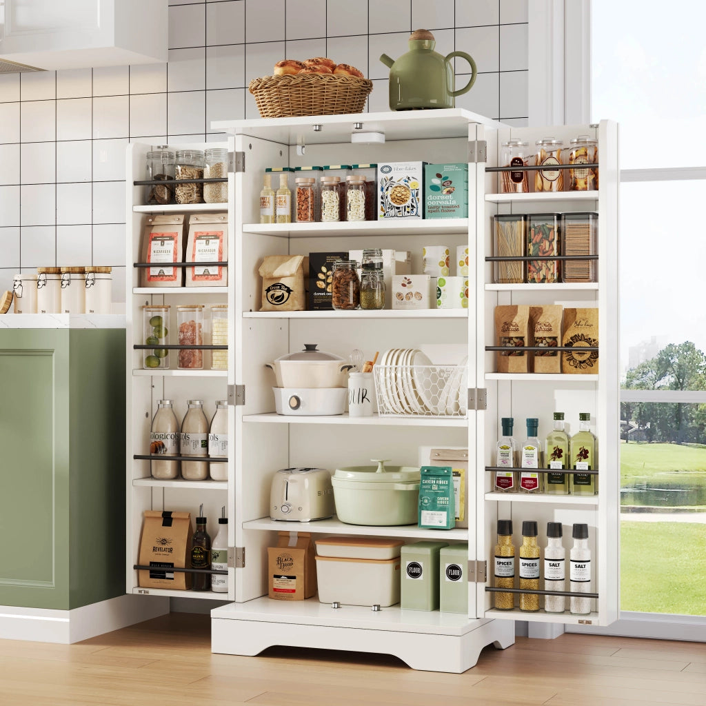Mobile da Cucina 60x40x120 cm con LED Sensore; Doppia Anta; Ripiani Regolabili e Vani sulle Porte