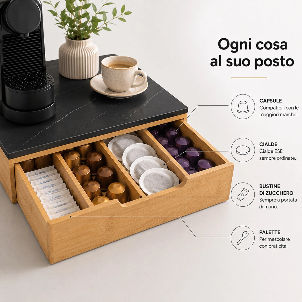 Portacapsule Piano Vetro Effetto Marmo Nero Portacialde Organizer 31.5x30x10cm