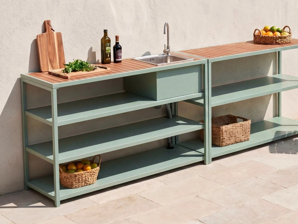 Isola da giardino con lavello a leva singola Ripiani in acciaio Piano in legno chiaro 159 x 50 x 91 cm Verde Chiaro cucina da esterno