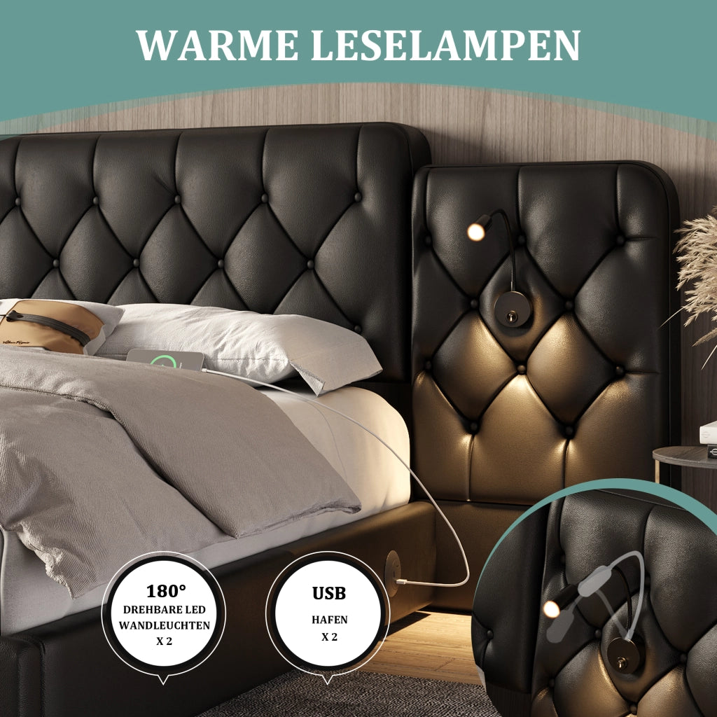OKWISH Letto Contenitore 160×200 cm, Letto Matrimoniale con USB, Luci da Lettura e Contenitore, senza Materasso, in Ecopelle PU, Nero