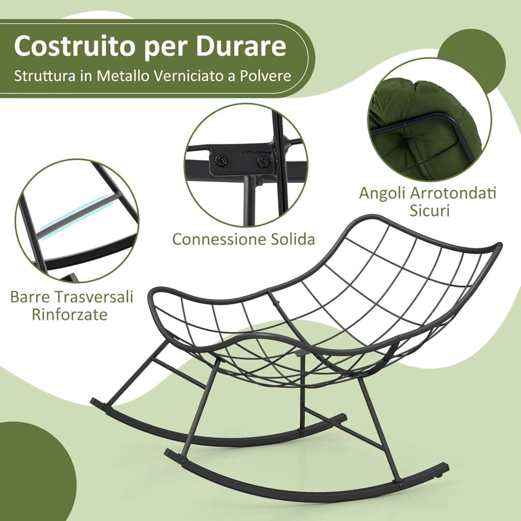 Sedia a Dondolo, Poltrona Relax Ergonomica, Poltrona Sovradimensionato con Cuscino Imbottito, con Struttura Metallica, per Soggiorno Portico Giardino, Portata 205 kg (Verde)