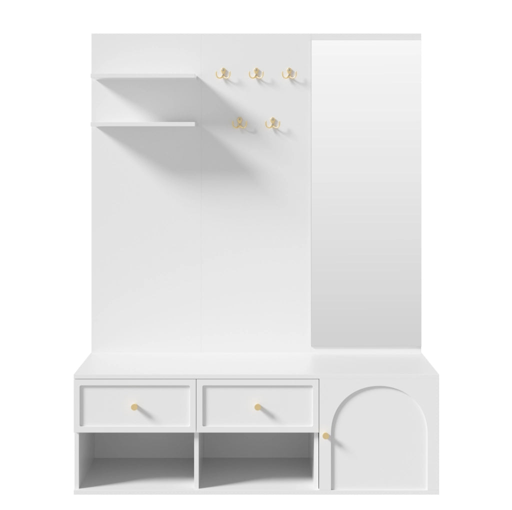 Set appendiabiti da parete con specchio, cassetti e panca, bianco, 120x35x159 cm