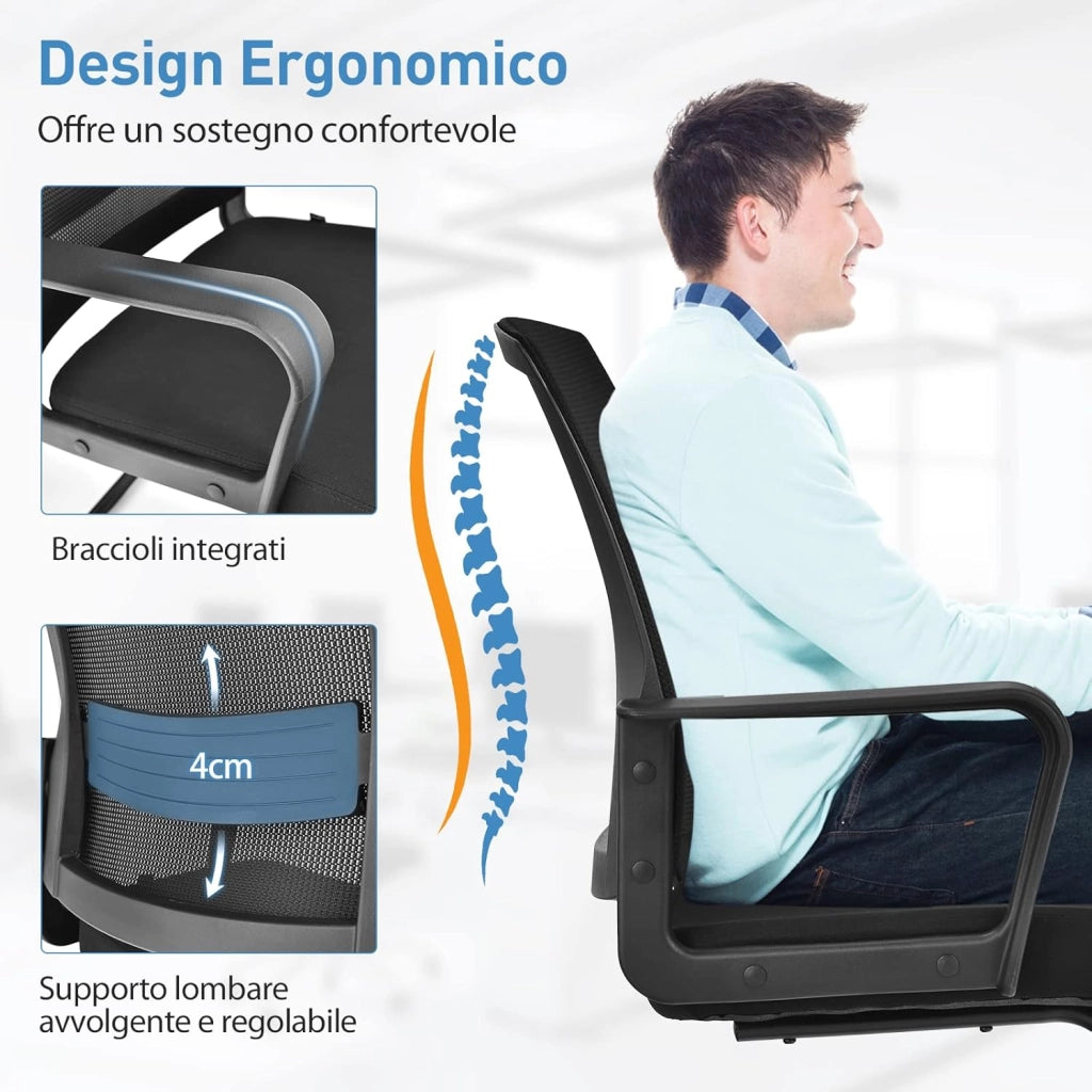 Sedia Cantilever, Sedia da Ufficio Ergonomica con Supporto Lombare Regolabile, Poltrona in Rete, con Schienale e Braccioli (54,5 x 60 x 94 cm, nero, 2)