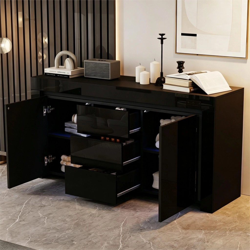 Credenza con 2 ante e 3 cassetti con LED e ripiani regolabili per soggiorno; in MDF; nero; 140×40×65 cm