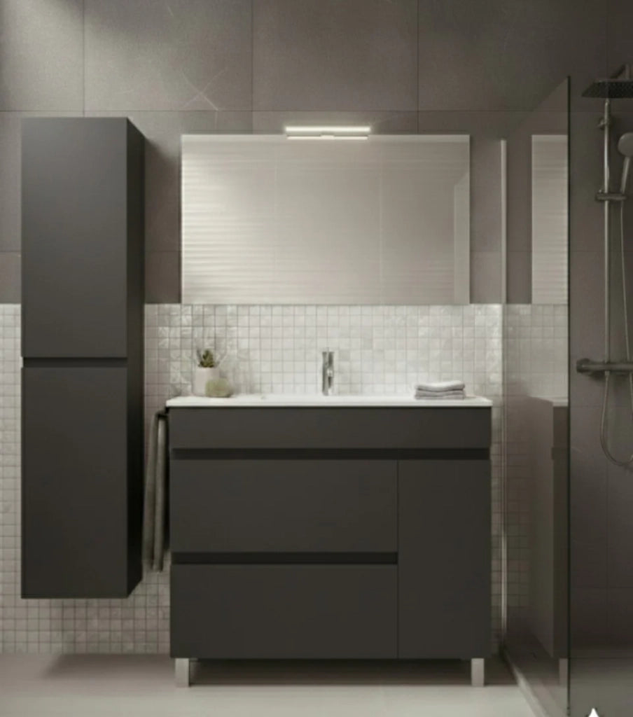 Mobile Bagno FENRIR Già Montato 2 cassetti e porta con piedini, lavabo e specchio Grafite 80x45 cm con colonna