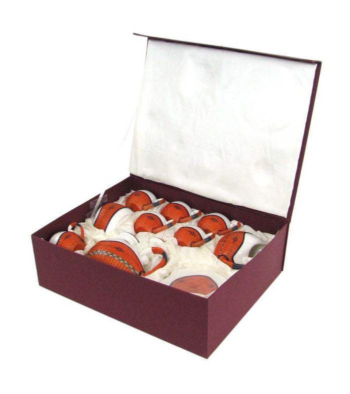 Set Tazze The 9 Pezzi con Teiera e Lattiera in Porcellana Decoro in Bambù Arancione