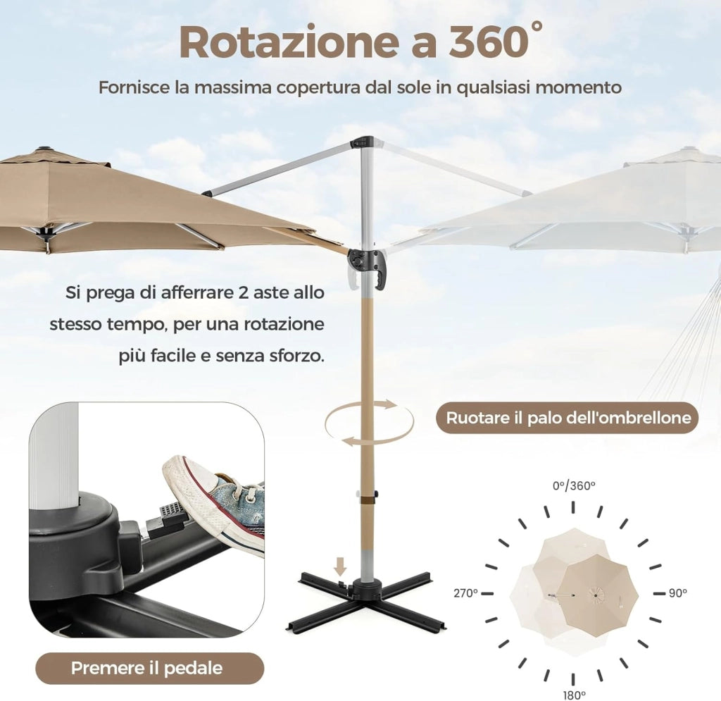 Ombrellone da Giardino 339 cm, Ombrello da Giardino Rotondo con Rotazione a 360°, Ombrellone da Giardino Inclinabile con Base, Ombrello da Sole per Giardino, Patio (Beige)