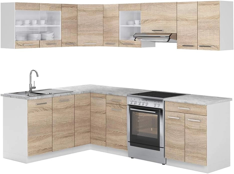 Cucina ad angolo Rick, Bianco/Sonoma, 250 x 60 cm, PL Marmo, espandibile e combinabile in modo flessibile con elementi modulari