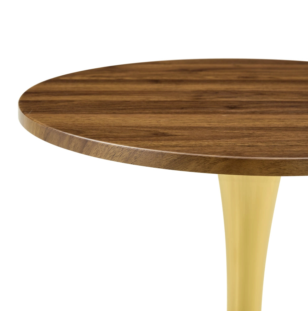 Tavolo rotondo da pranzo o soggiorno 60 cm; stile Mid-Century; MDF effetto noce e metallo dorato
