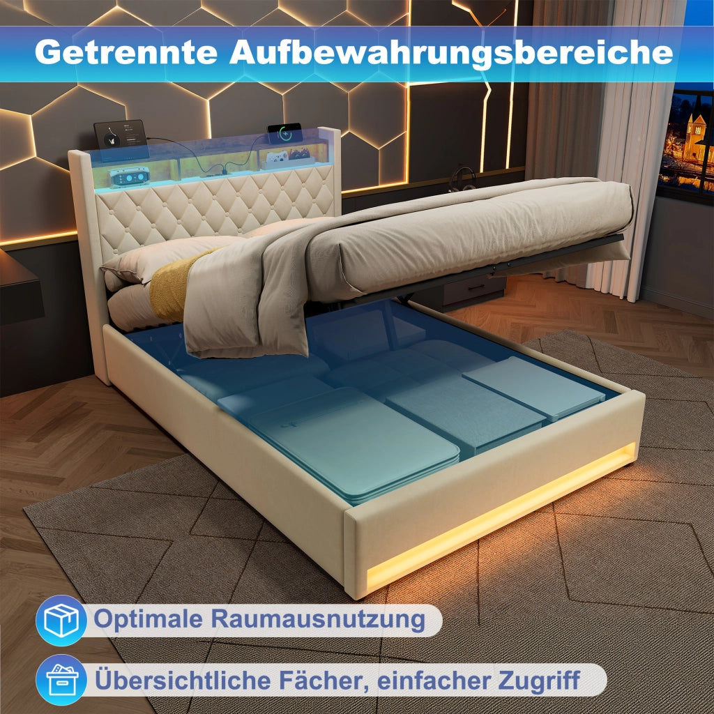 Letto imbottito in velluto beige 140 × 200 cm con rete a doghe e testiera, struttura in mdf e ferro
