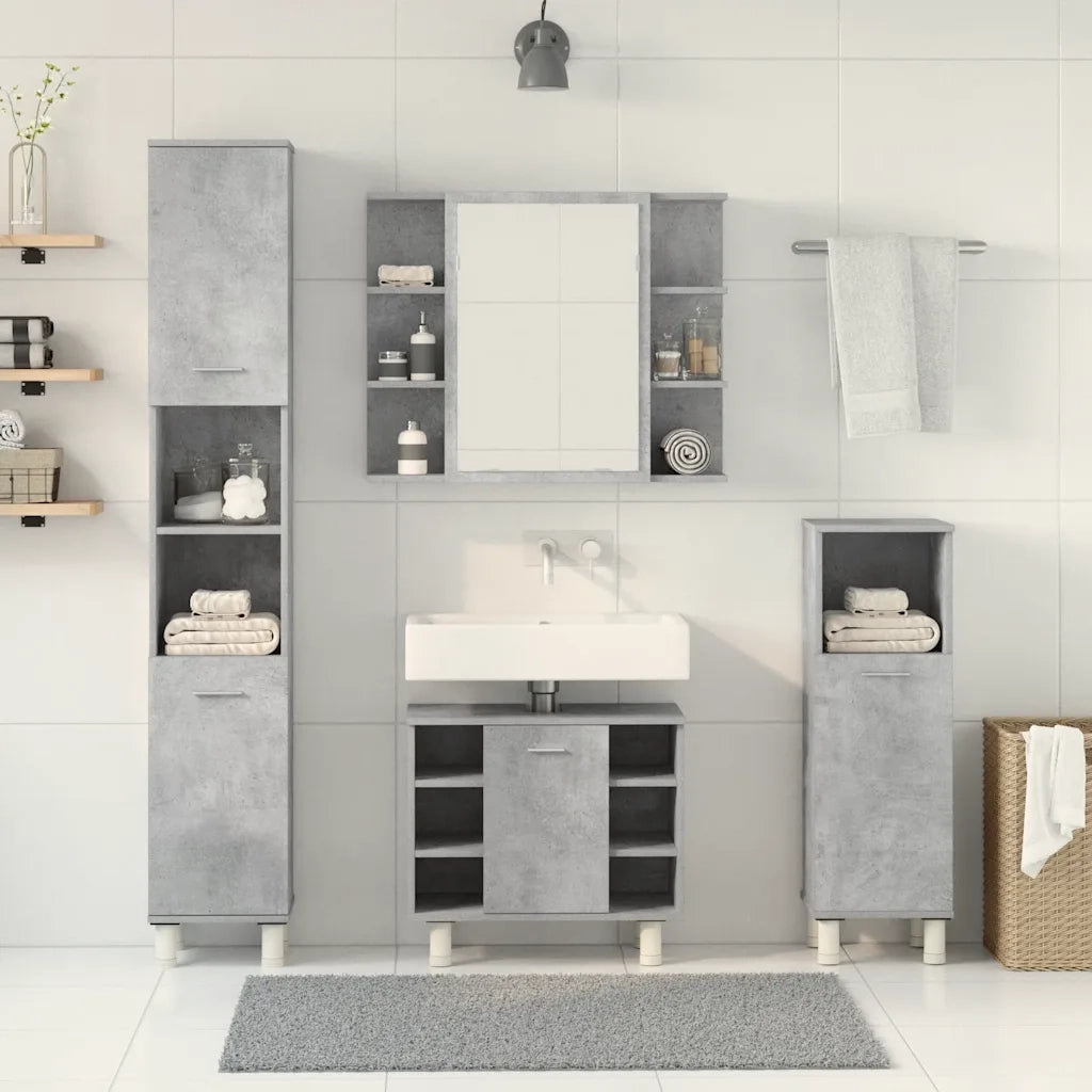Set Mobili da Bagno 4 pz Grigio Cemento in Legno Multistrato