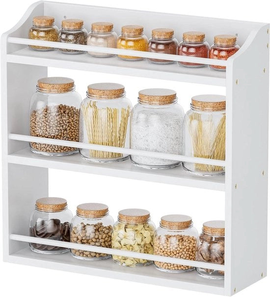 Supporto per Spezie da Parete e da Contenitore da Conto Tavolo per il Magazzino di Erbe in Bamboo per Cucina Scrittoio di Servizio Bagno (Bianco)