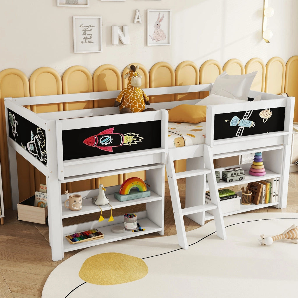 Letto semialto per bambini 90x200 cm con lavagna bianco