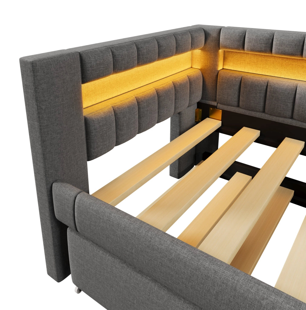 Divano letto 90x200 cm grigio con letto estraibile, LED, USB e Type-C