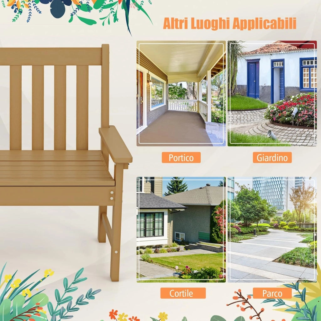 Panchina da Esterno, Panca da Giardino in HDPE Resistente con Schienale e Braccioli, Panchina da Parco, Balcone, Spogliatoio e Cortile, 132 x 65 x 91 cm (Naturale)