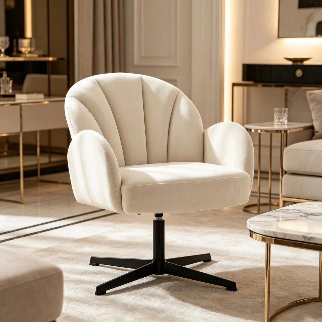 Poltrona girevole a conchiglia da salotto con schienale ergonomico e seduta imbottita in velluto beige e nero moderna