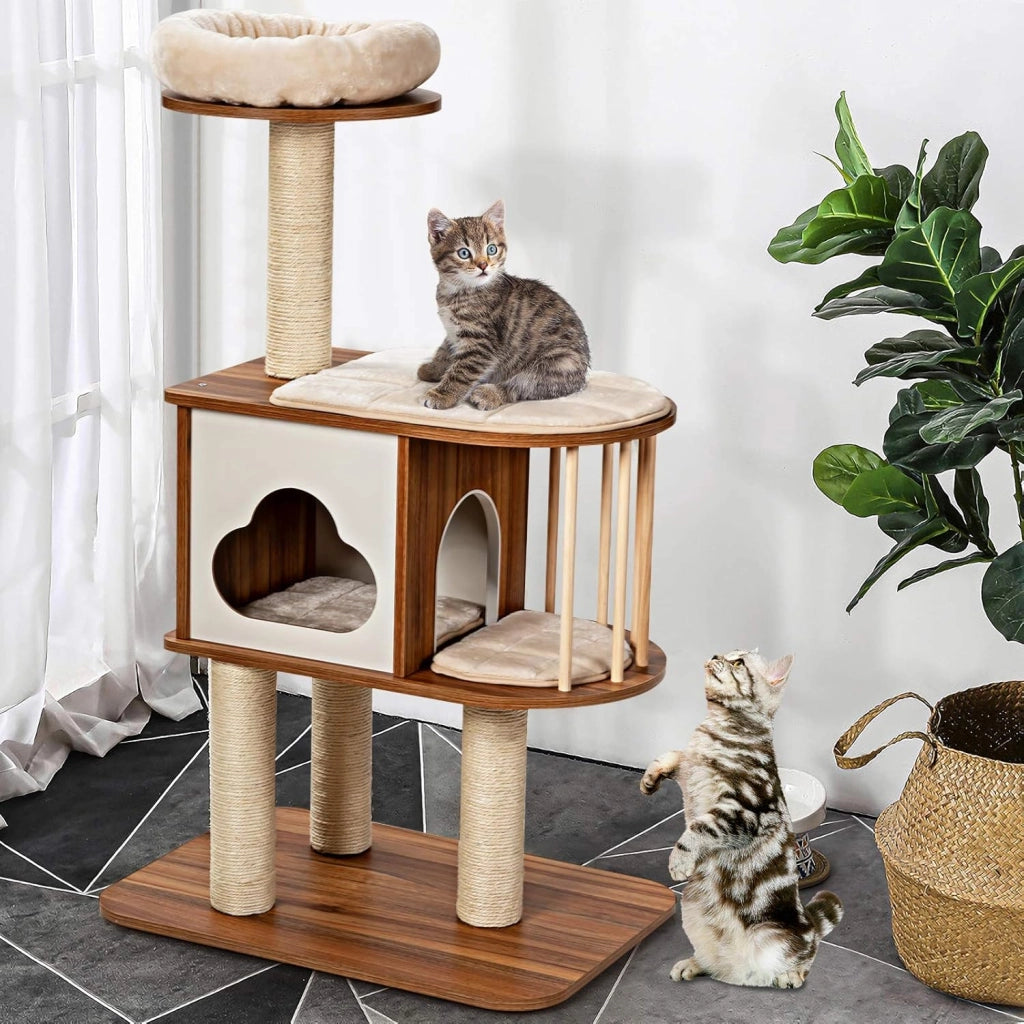 Tiragraffi per Gatti Adulti Con Cuccia, Piattaforma, Cuscini e Albero Alto in Legno, 68 x 48 x 117 cm