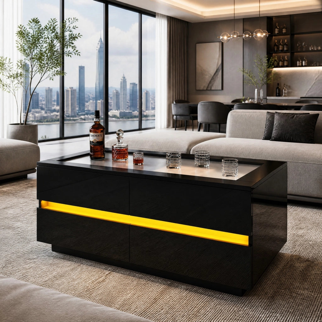 Tavolino da salotto nero 100¡Á50¡Á40 cm con 4 cassetti, piano in vetro temperato, LED e frontali lucidi