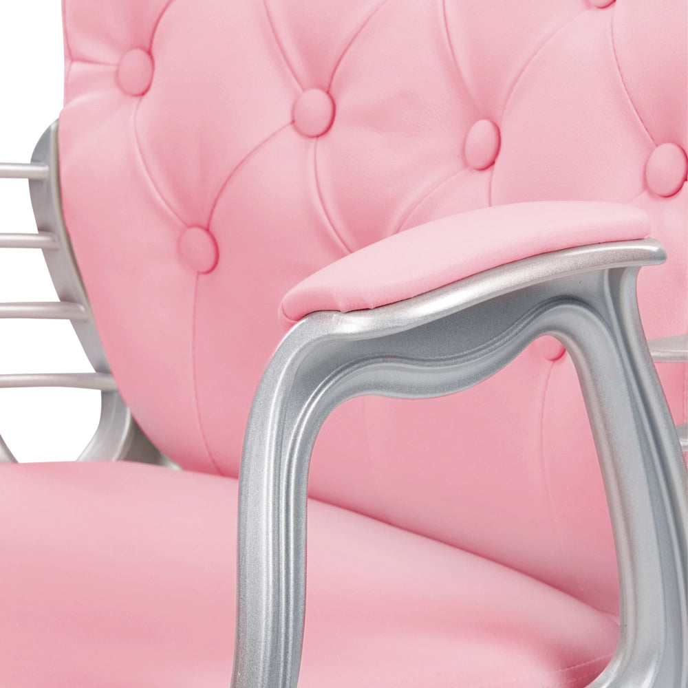 Sedia da ufficio in ecopelle rosa con pulsante regolabile in altezza con alzata a gas con schienale capitonnè e rotazione completa