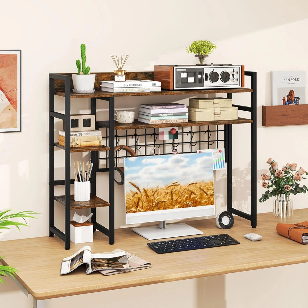 Scaffale da scrivania, scaffale autoportante con 4 ripiani, scomparto aperto, griglia in metallo e 6 ganci rimovibili, risparmio di spazio, libreria per ufficio, cucina, soggiorno (marrone)