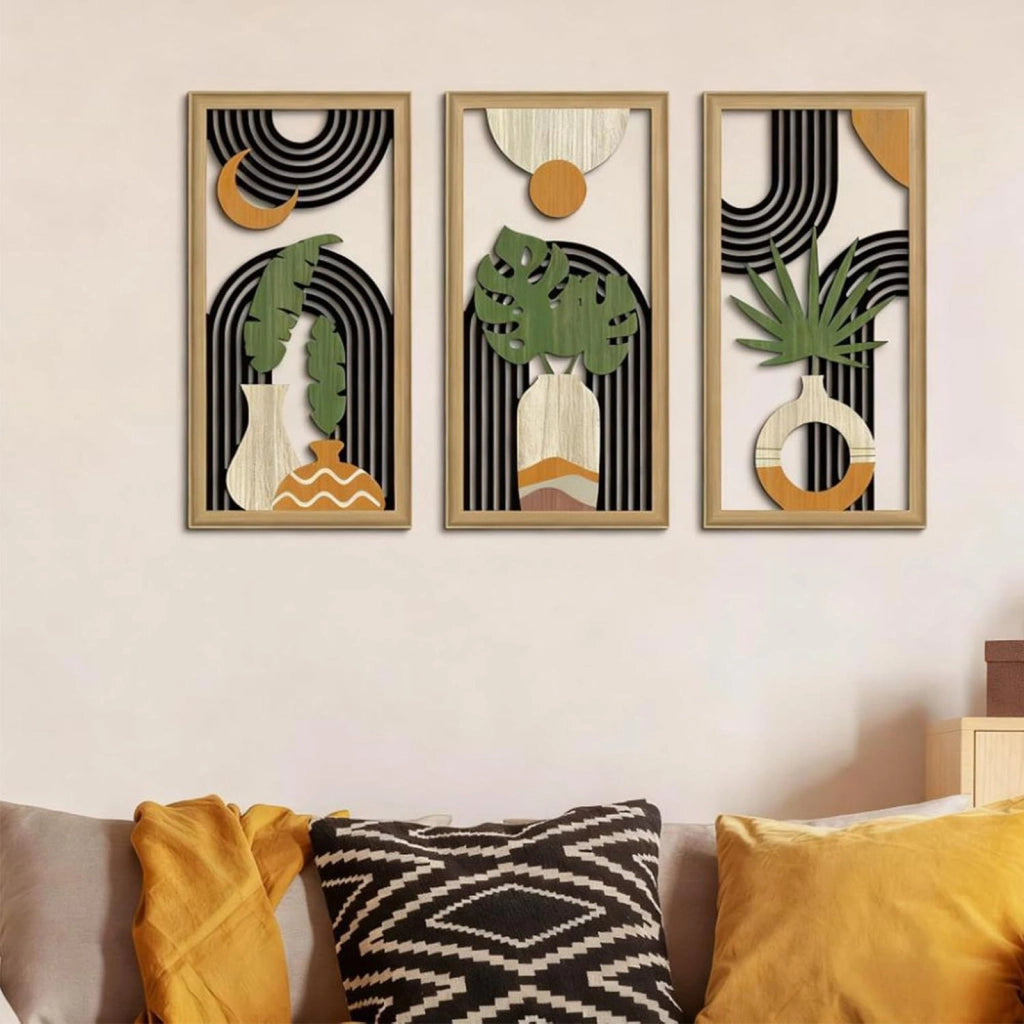 Set di 3 decorazioni da parete in legno boho con foglie