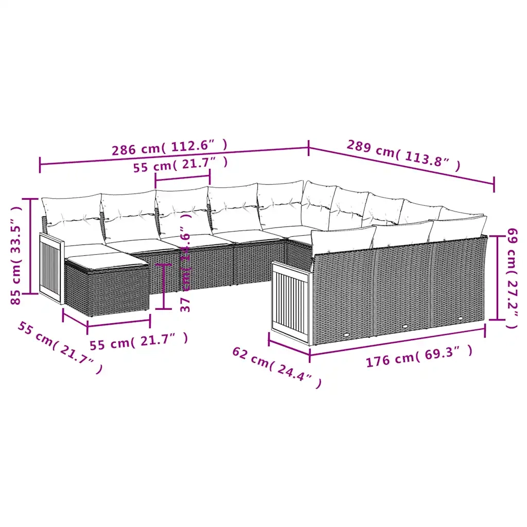 Set Divani da Giardino 12 pz con Cuscini Grigio in Polyrattan 3228266