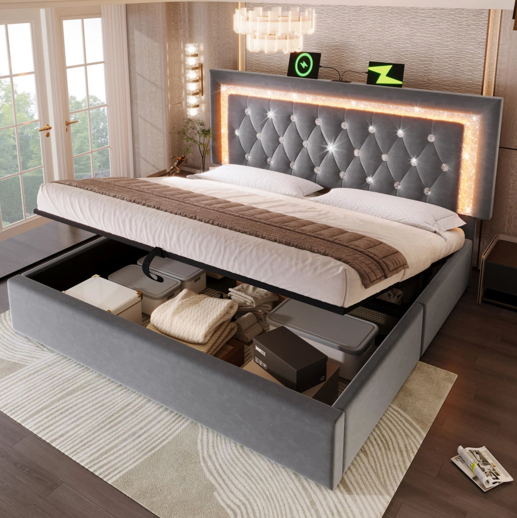 Letto matrimoniale 180x200 cm in velluto grigio con LED; USB e USB-C; contenitore idraulico