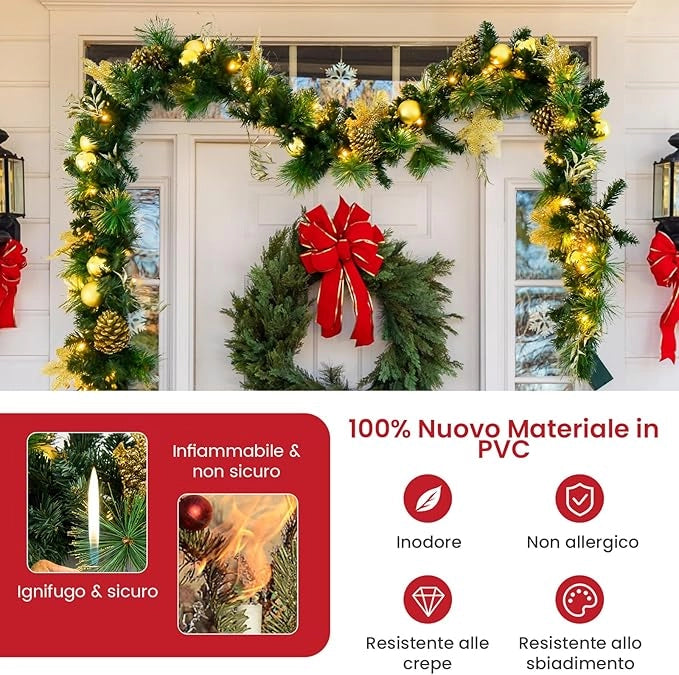 Ghirlanda Natalizia Artificiale Pre-Illuminata da 270 CM con Luci LED Bianco Caldo, Bacche & Palline & Fiori & Pigne Dorate, Decorazione Natalizia a Batteria per Interni ed Esterni